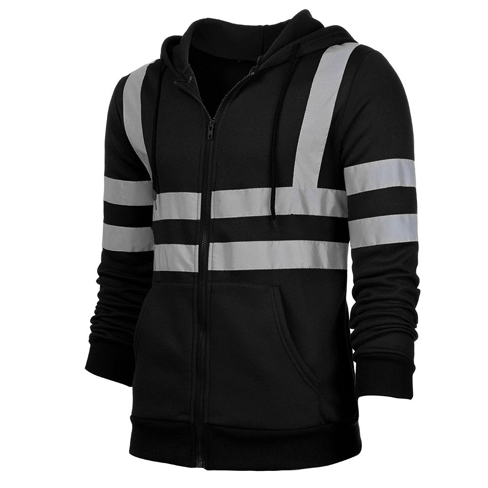 Men Reflective Stripe Hooded Jacket Patchwork Hoodies Road Work High Visibility Pullover Workwear