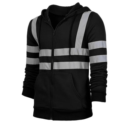 Men Reflective Stripe Hooded Jacket Patchwork Hoodies Road Work High Visibility Pullover Workwear