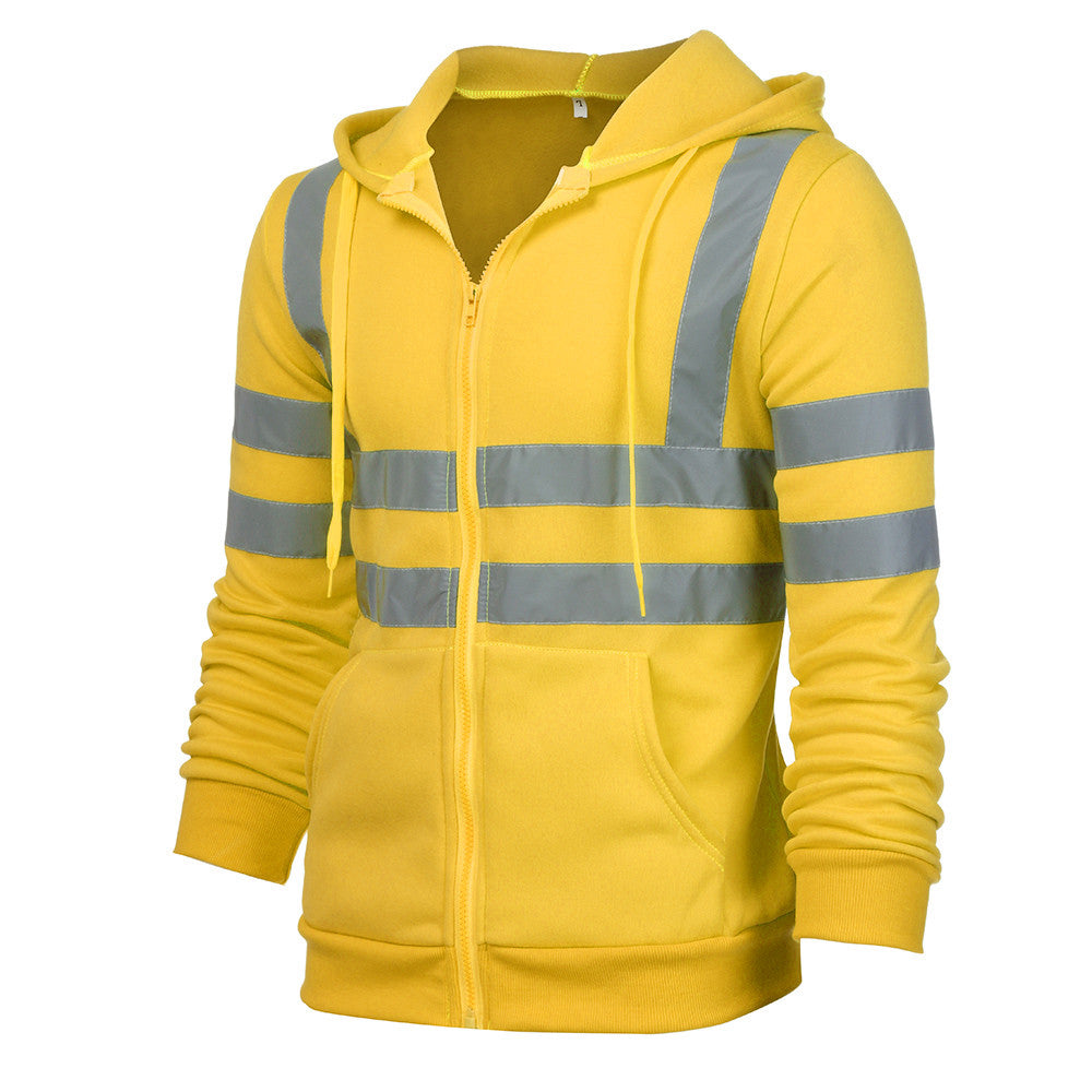 Men Reflective Stripe Hooded Jacket Patchwork Hoodies Road Work High Visibility Pullover Workwear