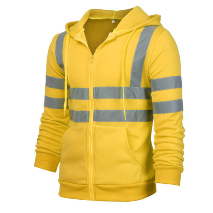 Men Reflective Stripe Hooded Jacket Patchwork Hoodies Road Work High Visibility Pullover Workwear
