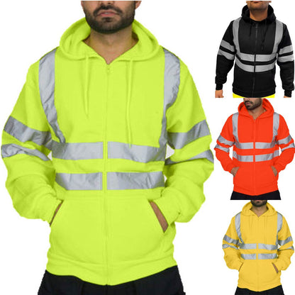 Men Reflective Stripe Hooded Jacket Patchwork Hoodies Road Work High Visibility Pullover Workwear