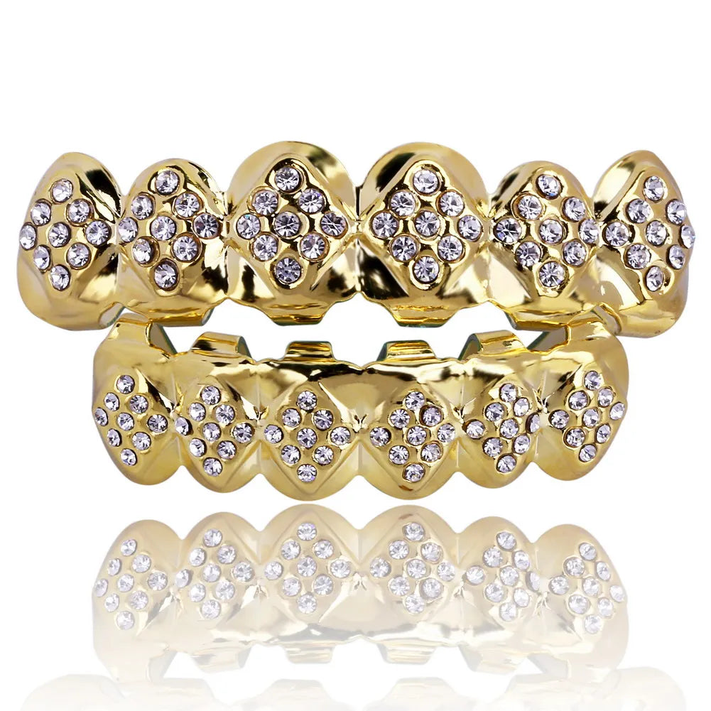 Gold Color Plated Iced Out Crystal Top & Bottom Teeth Grillz With Silicone