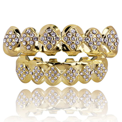 Gold Color Plated Iced Out Crystal Top & Bottom Teeth Grillz With Silicone