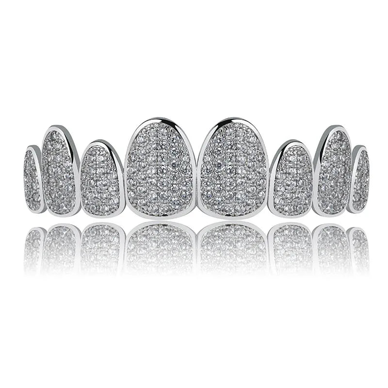 Silver Color Iced Out Gold Grillz Crystal Jewelry Top Bottom Grills 8Teeth Body Jewelry Hip Hop Bling AAA Cubic Zircon Men
