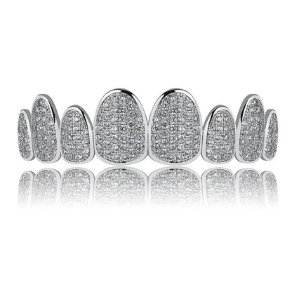 Silver Color Iced Out Gold Grillz Crystal Jewelry Top Bottom Grills 8Teeth Body Jewelry Hip Hop Bling AAA Cubic Zircon Men