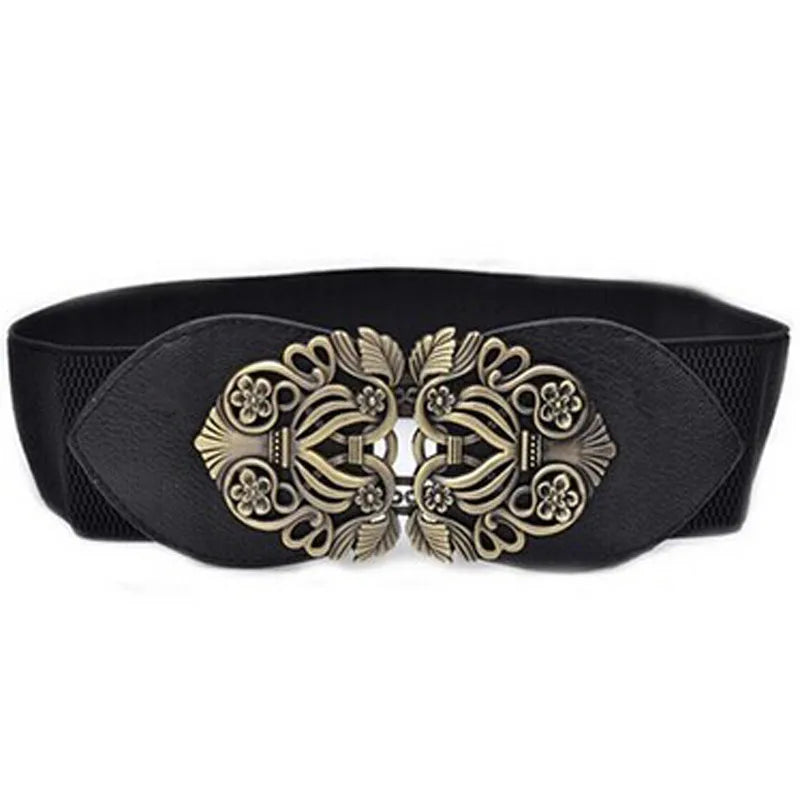 Carved Wide Belts For Women Black Simple Waist Elastic Ladies Waistband Round Buckle