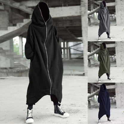 Long Sweatshirt Coat Gothic Streetwear Loose Zipper Jackets Casual Fleece Male Hooded Coat