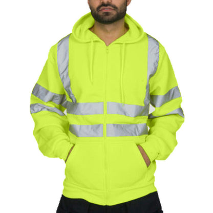 Men Reflective Stripe Hooded Jacket Patchwork Hoodies Road Work High Visibility Pullover Workwear