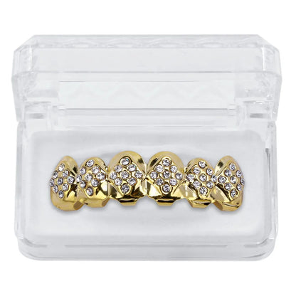 Gold Color Plated Iced Out Crystal Top & Bottom Teeth Grillz With Silicone