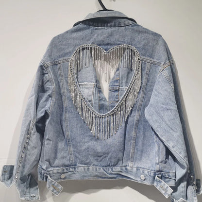 Denim Jacket Female Light Blue Diamond Tassel Coat Single-Breasted Open Back Women Jeans Coat
