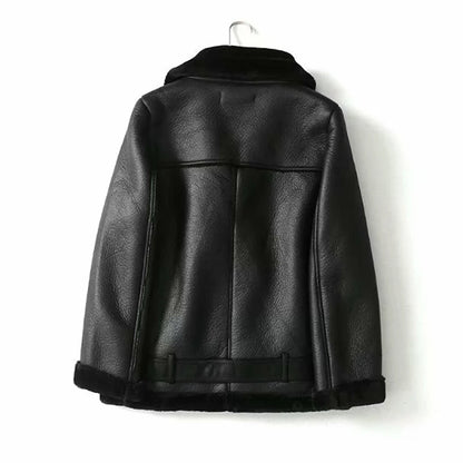Thick and warm faux leather jacket Coat women's beige long-sleeved belt jacket women 2025 winter fashion new streetwear Tops