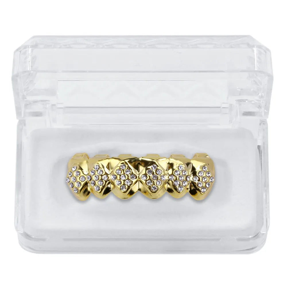 Gold Color Plated Iced Out Crystal Top & Bottom Teeth Grillz With Silicone