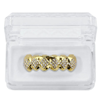 Gold Color Plated Iced Out Crystal Top & Bottom Teeth Grillz With Silicone