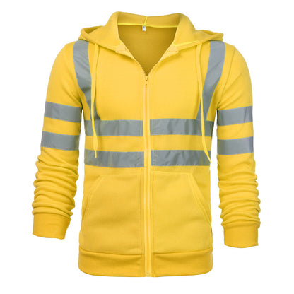 Men Reflective Stripe Hooded Jacket Patchwork Hoodies Road Work High Visibility Pullover Workwear
