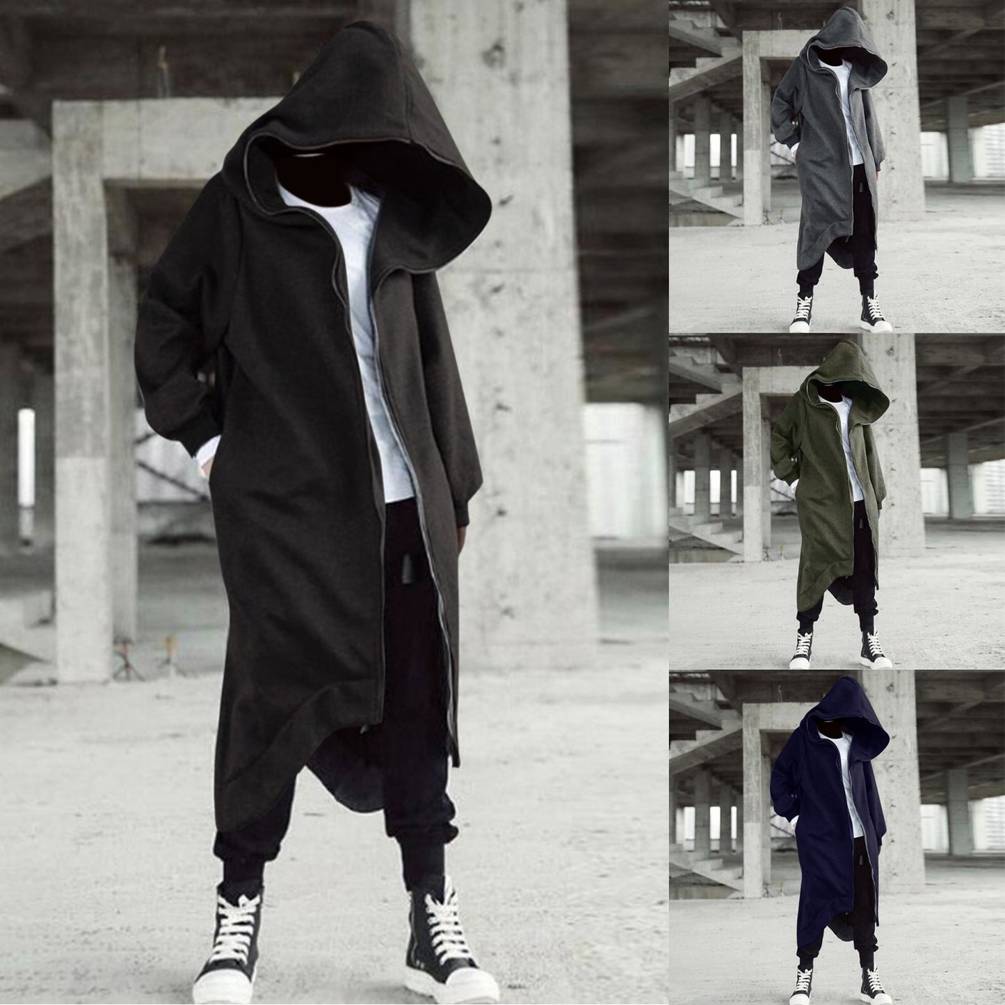 Long Sweatshirt Coat Gothic Streetwear Loose Zipper Jackets Casual Fleece Male Hooded Coat