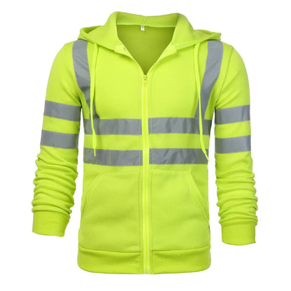 Men Reflective Stripe Hooded Jacket Patchwork Hoodies Road Work High Visibility Pullover Workwear