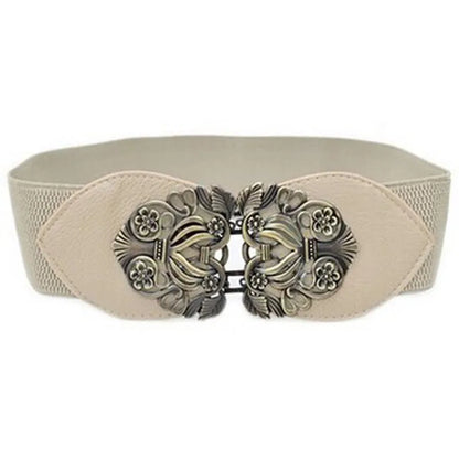 Carved Wide Belts For Women Black Simple Waist Elastic Ladies Waistband Round Buckle