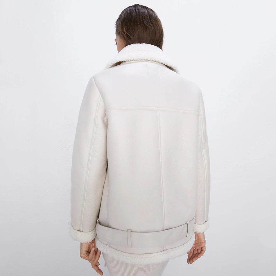 Thick and warm faux leather jacket Coat women's beige long-sleeved belt jacket women 2025 winter fashion new streetwear Tops