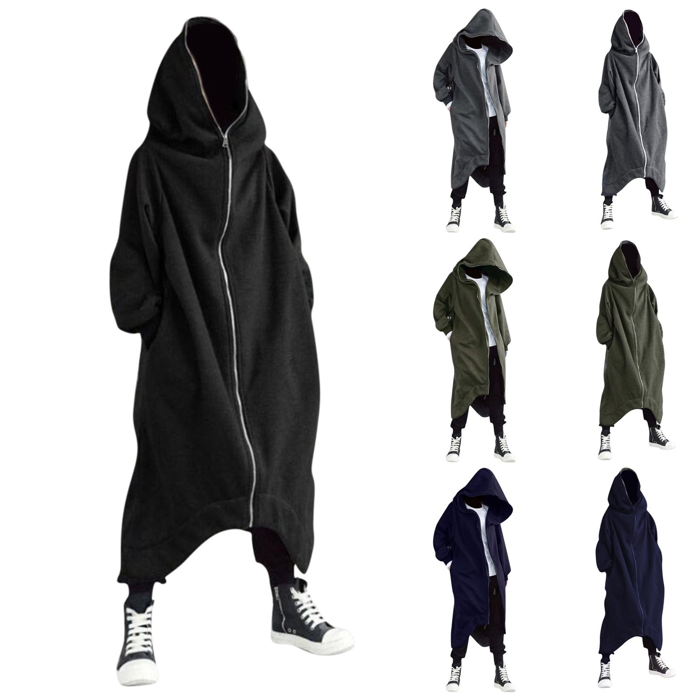 Long Sweatshirt Coat Gothic Streetwear Loose Zipper Jackets Casual Fleece Male Hooded Coat