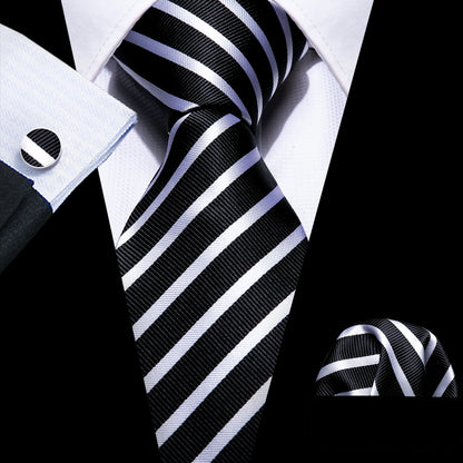 Black White Striped Men Tie Set Silk Jacquard Neckties Handkerchief Cufflink Tie Set Barry.Wang