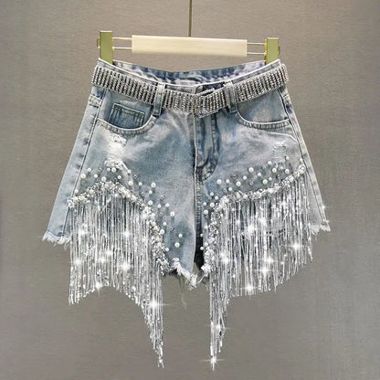 Elegant Shorts Lady Tassel Beading High Waist Wide Leg Denim Casual Solid Shorts Jeans