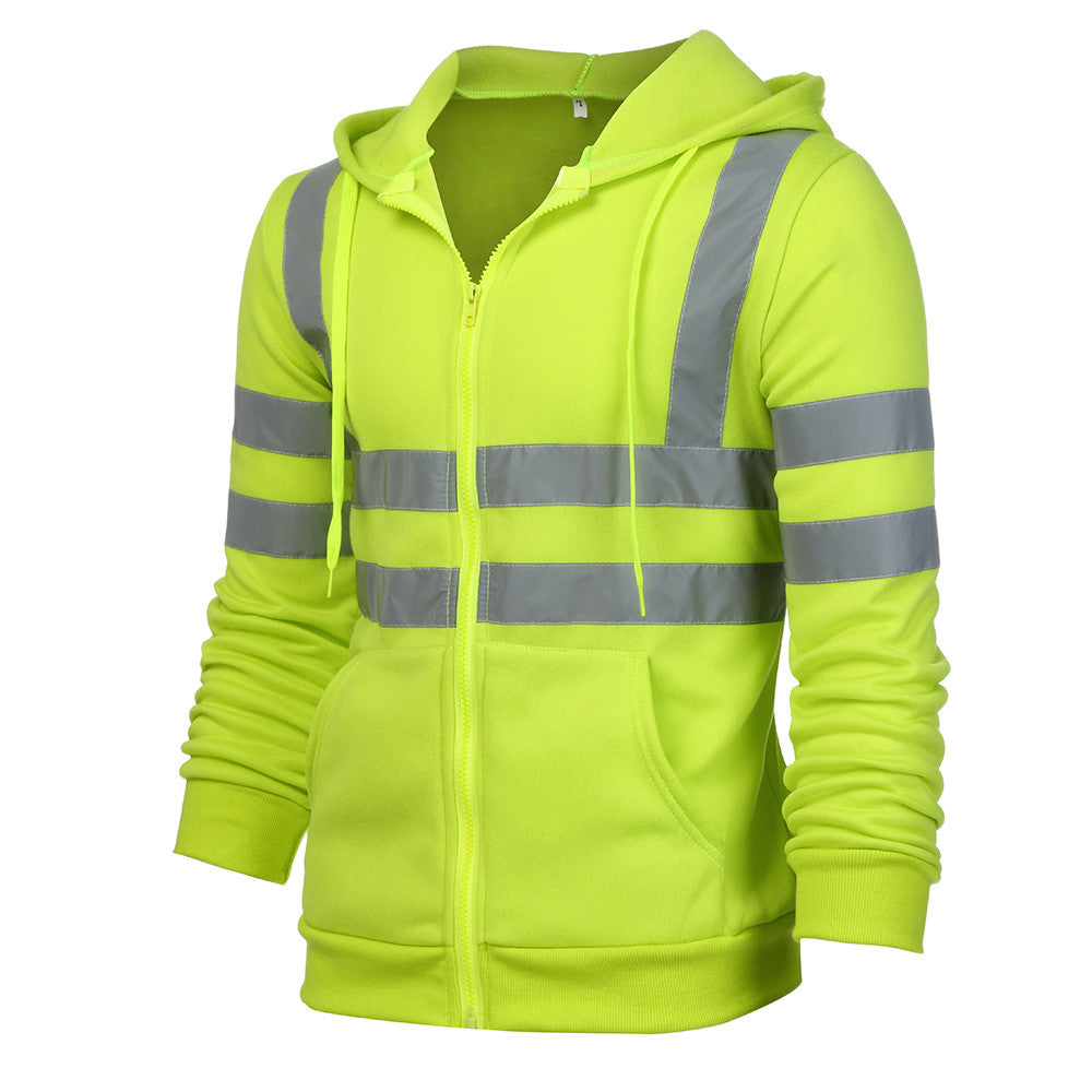 Men Reflective Stripe Hooded Jacket Patchwork Hoodies Road Work High Visibility Pullover Workwear