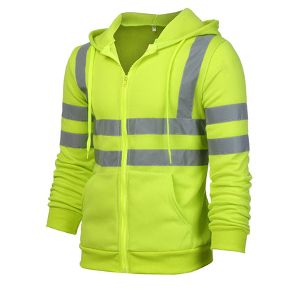 Men Reflective Stripe Hooded Jacket Patchwork Hoodies Road Work High Visibility Pullover Workwear