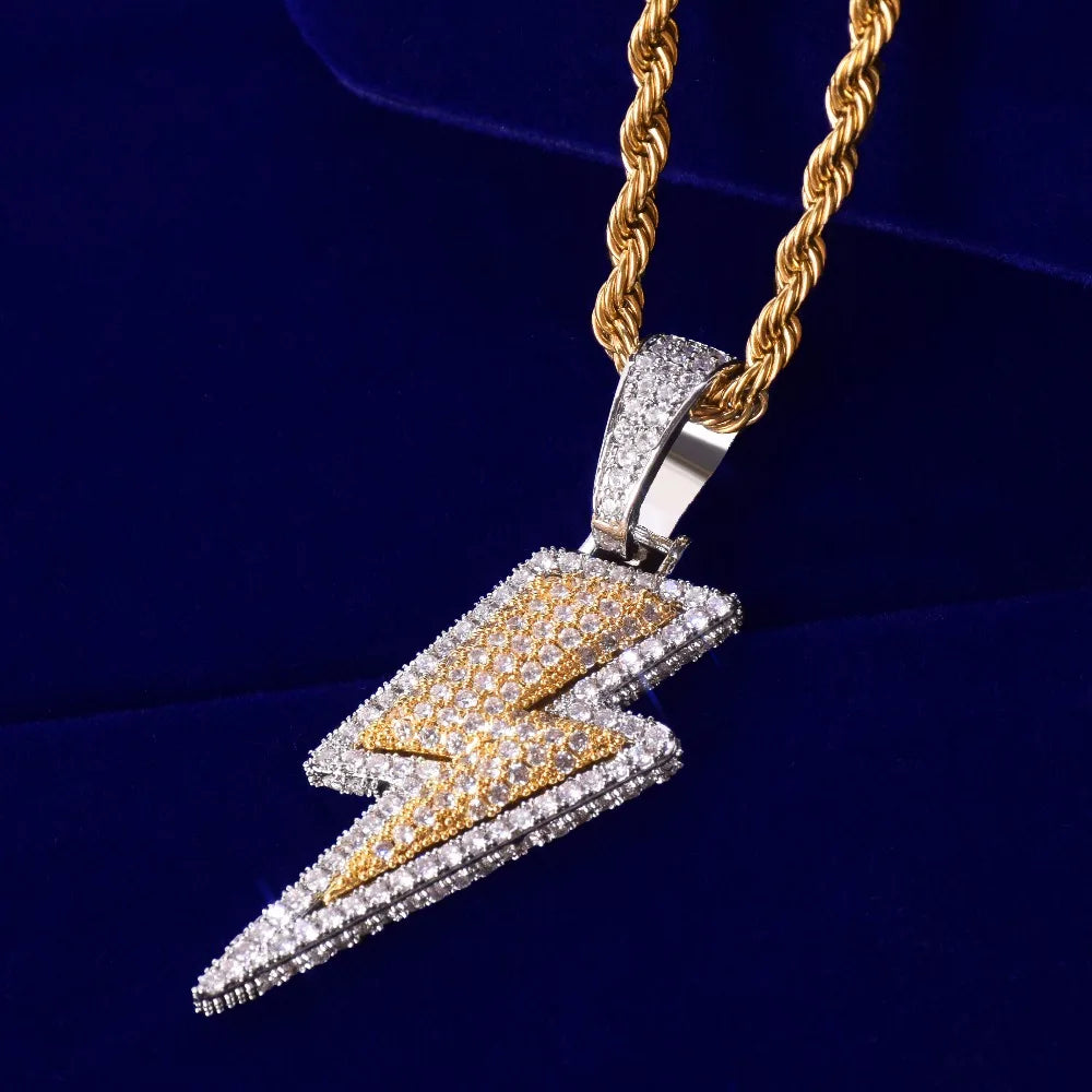 Lightning Shape Pendant Necklace Bling Cubic Zircon Men's Hip Hop Rock Jewelry Double color / United States / 5mm tennis chain|18inch Double color / United States / 5mm tennis chain|30inch 