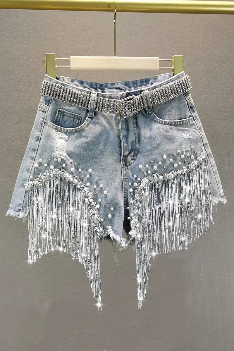 Elegant Shorts Lady Tassel Beading High Waist Wide Leg Denim Casual Solid Shorts Jeans