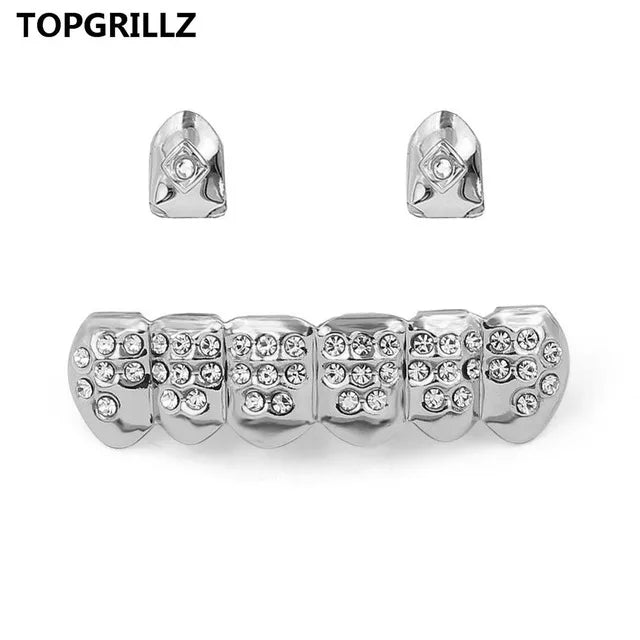 Yellow Gold Color Plated  2 Single Top Teeth Grillz Cap Tooth Grills Two Lines Bottom Hip Hop