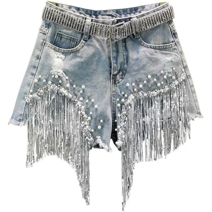 Elegant Shorts Lady Tassel Beading High Waist Wide Leg Denim Casual Solid Shorts Jeans