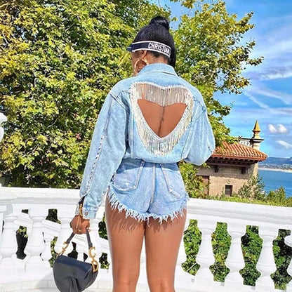 Denim Jacket Female Light Blue Diamond Tassel Coat Single-Breasted Open Back Women Jeans Coat
