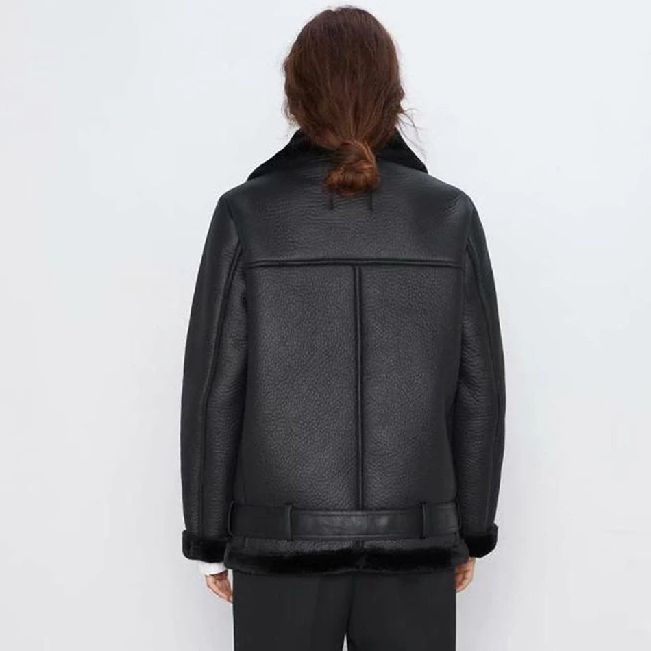 Thick and warm faux leather jacket Coat women's beige long-sleeved belt jacket women 2025 winter fashion new streetwear Tops