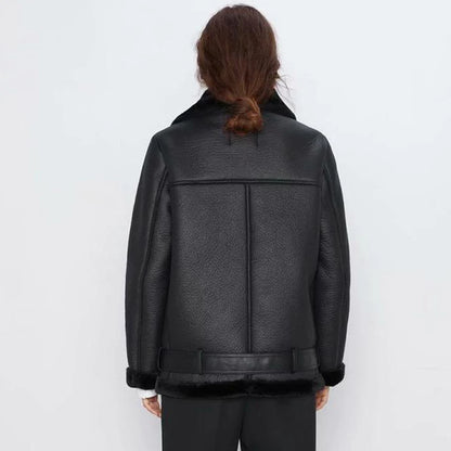 Thick and warm faux leather jacket Coat women's beige long-sleeved belt jacket women 2025 winter fashion new streetwear Tops