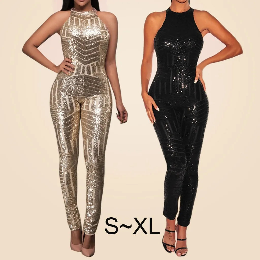 Sequin Off Shoulder Women Jumpsuit O-neck Sleeveless Casual Rompers