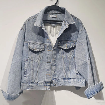 Denim Jacket Female Light Blue Diamond Tassel Coat Single-Breasted Open Back Women Jeans Coat