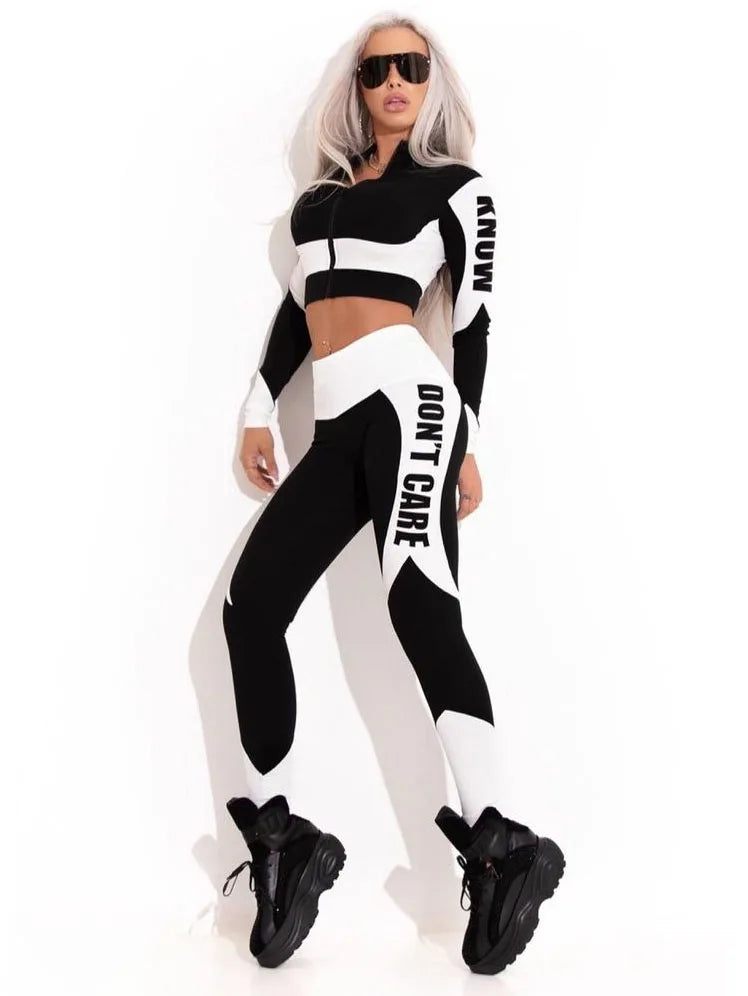 Long Sleeves Zipper Tops & Letter Print Leggings Sports Yoga Suits Activewear For Women