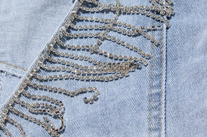 Denim Jacket Female Light Blue Diamond Tassel Coat Single-Breasted Open Back Women Jeans Coat