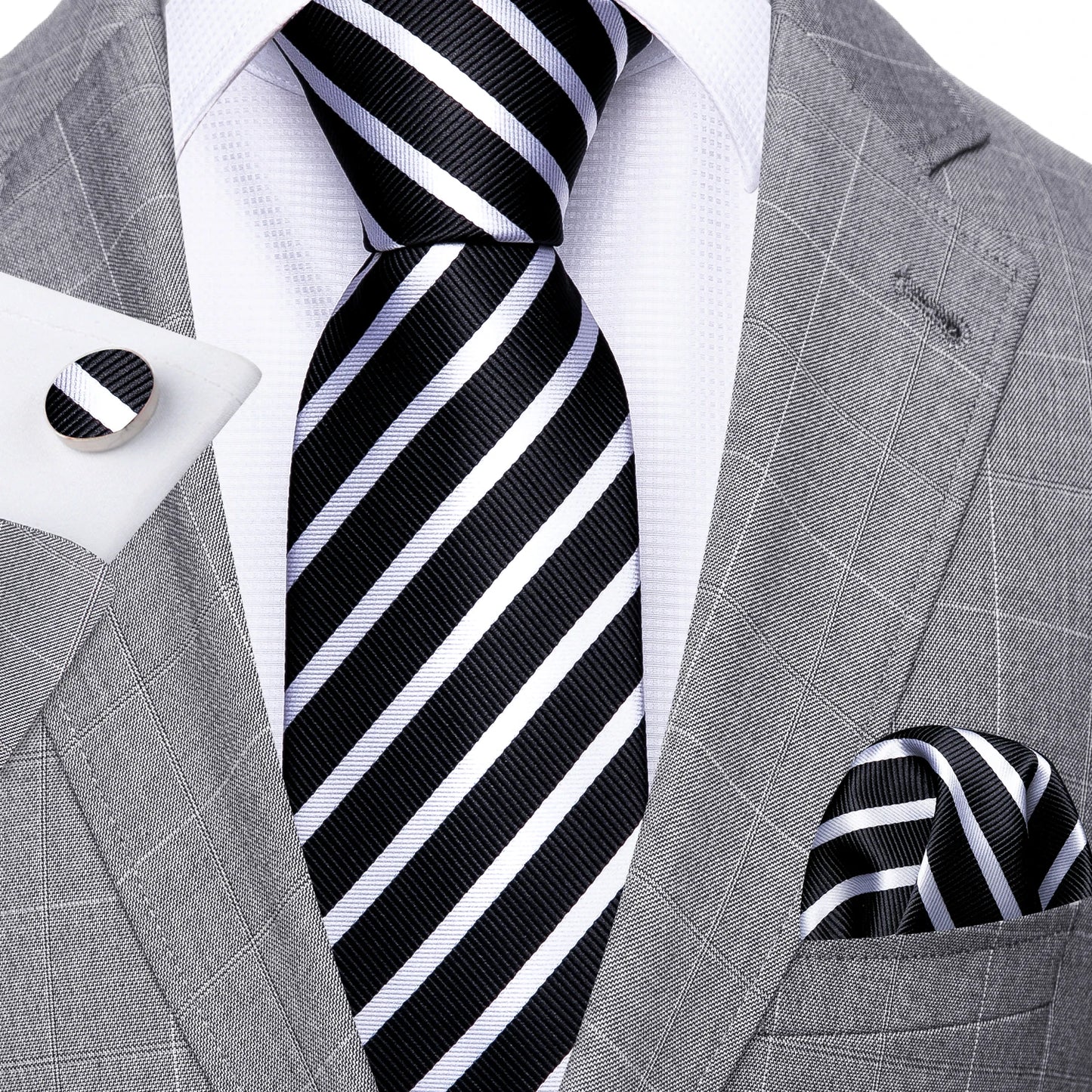 Black White Striped Men Tie Set Silk Jacquard Neckties Handkerchief Cufflink Tie Set Barry.Wang