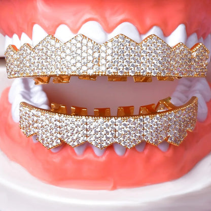 Big Hip Hop Grillz Iced Out CZ Fang Mouth teeth grills Caps Top & Bottom tooth Set