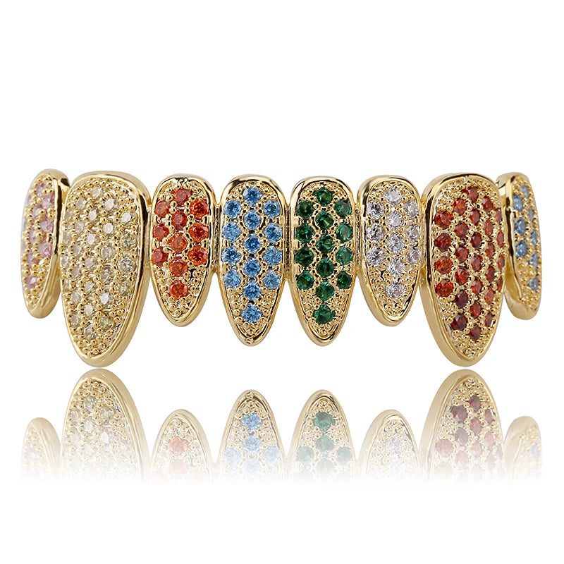 Silver Color Iced Out Gold Grillz Crystal Jewelry Top Bottom Grills 8Teeth Body Jewelry Hip Hop Bling AAA Cubic Zircon Men