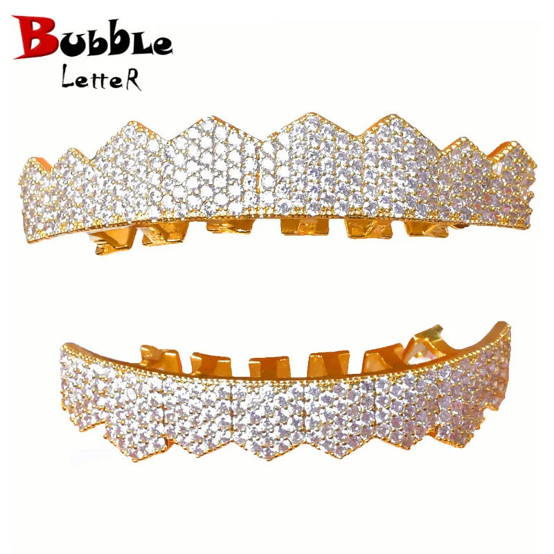 Big Hip Hop Grillz Iced Out CZ Fang Mouth teeth grills Caps Top & Bottom tooth Set