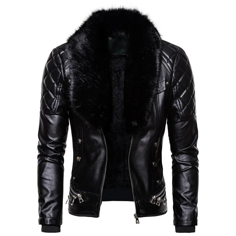 Winter Fleece Motorcycle Leather Jacket Men Turn Down Fur Collar Slim Fit Warm PU Bomber Jacket
