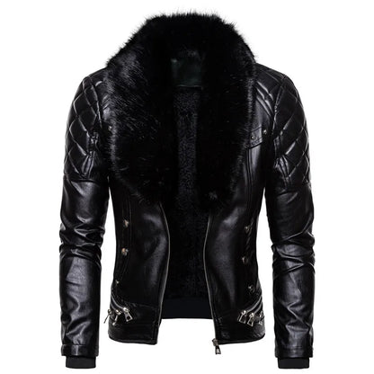 Winter Fleece Motorcycle Leather Jacket Men Turn Down Fur Collar Slim Fit Warm PU Bomber Jacket
