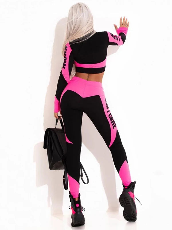Long Sleeves Zipper Tops & Letter Print Leggings Sports Yoga Suits Activewear For Women
