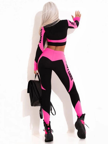 Long Sleeves Zipper Tops & Letter Print Leggings Sports Yoga Suits Activewear For Women