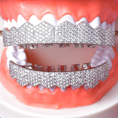 Big Hip Hop Grillz Iced Out CZ Fang Mouth teeth grills Caps Top & Bottom tooth Set