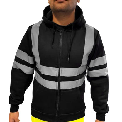 Men Reflective Stripe Hooded Jacket Patchwork Hoodies Road Work High Visibility Pullover Workwear