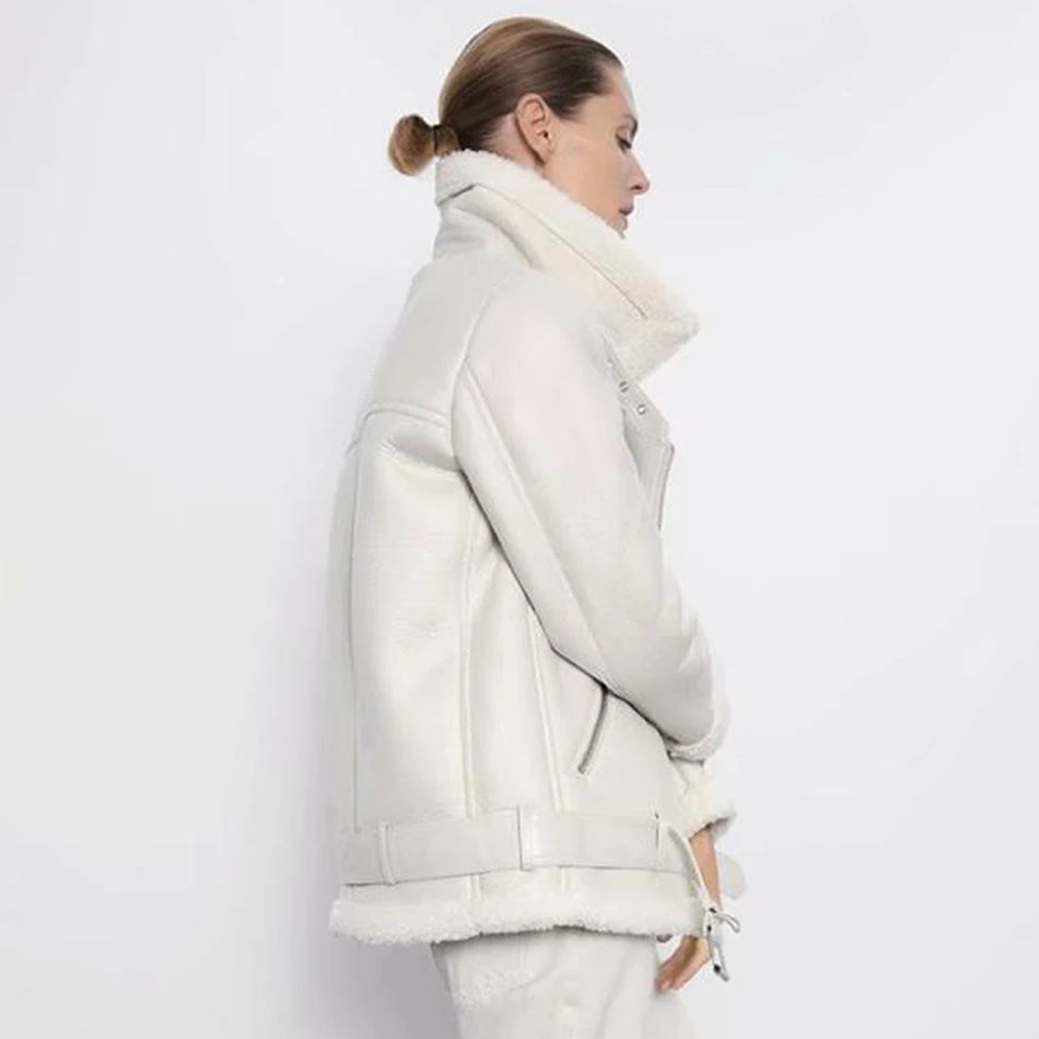 Thick and warm faux leather jacket Coat women's beige long-sleeved belt jacket women 2025 winter fashion new streetwear Tops