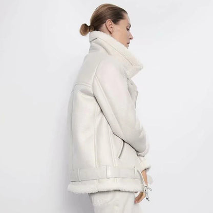 Thick and warm faux leather jacket Coat women's beige long-sleeved belt jacket women 2025 winter fashion new streetwear Tops